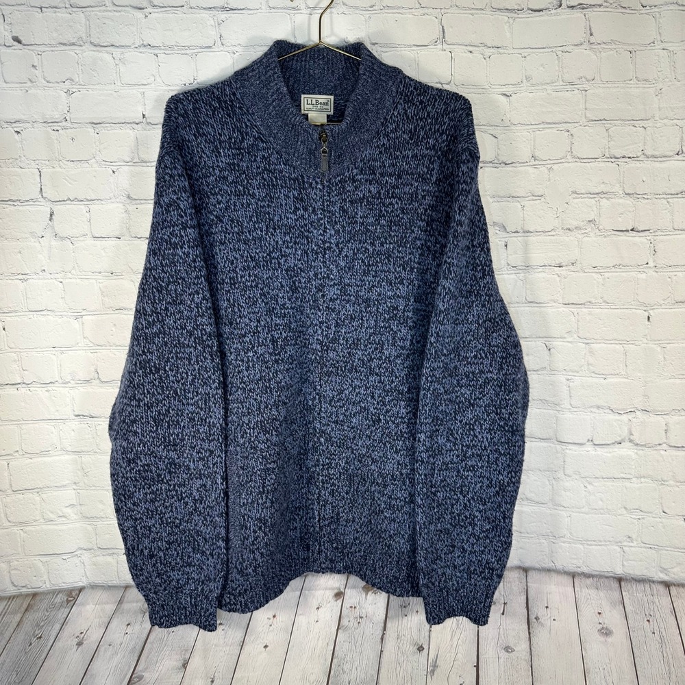 LL Bean Mens XL Full Zip Lambswool Sweater Marled Blue Mock Neck 245046